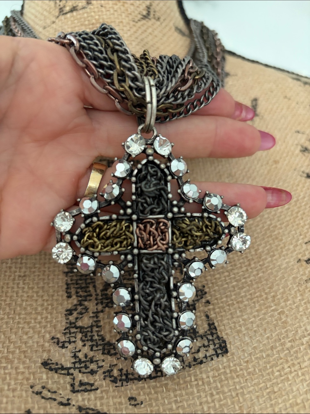 Multi-color Strand Antique Bronze Cross Pendant Necklace with Clear Crystals